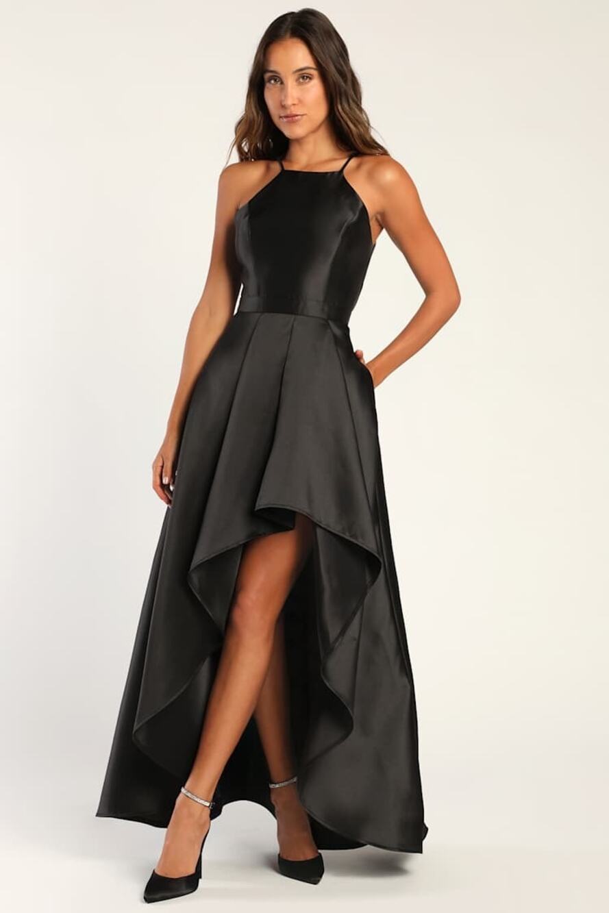 NWT Lulus Broadway Show Black Satin High-Low Gown Formal Dress XL